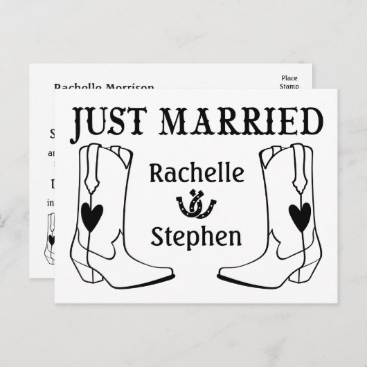 たった今結婚しました素朴ズ結婚ウエスタンカントリーブラック 案内ポストカード (正面/裏面)