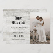 たった今結婚しました素朴漂白ウッドフォト結婚ズ 案内状 (正面/裏面)