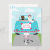 たった今結婚しました結婚のカーブルー結婚の発表 案内ポストカード (正面/裏面)