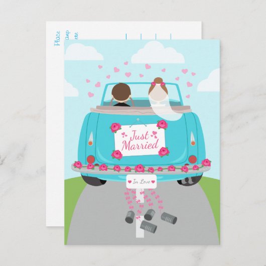 たった今結婚しました結婚のカーブルー結婚の発表 案内ポストカード (正面/裏面)