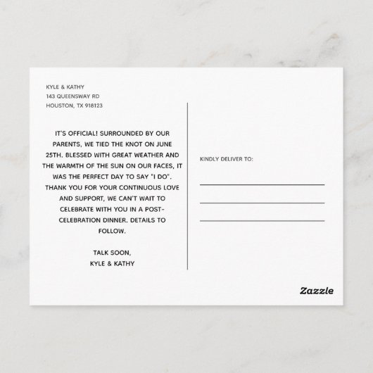 たった今結婚しました結婚の発表投稿メッセージ ポストカード (裏面)