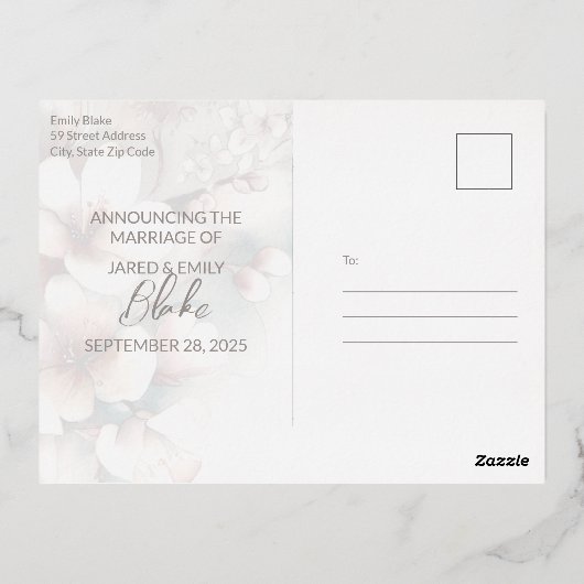 たった今結婚しました結婚の発表箔はがき 箔シーズンポストカード (裏面)