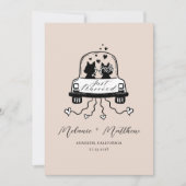 たった今結婚しました結婚の車の新郎新婦キツネ写真 案内状 (正面)