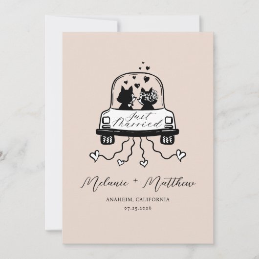 たった今結婚しました結婚の車の新郎新婦キツネ写真 案内状 (正面)