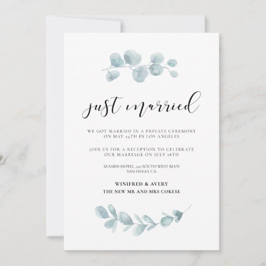 たった今結婚しました結婚グリーンリーの発表 招待状 (正面)