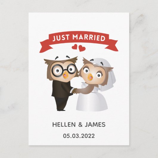 たった今結婚しました結婚フクロウ発表葉書 ポストカード (正面)
