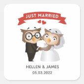 たった今結婚しました結婚フクロウ スクエアシール (正面)
