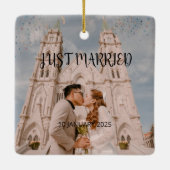 たった今結婚しました結婚式の引き出物オーナメントギフトフォト セラミックオーナメント (裏面)