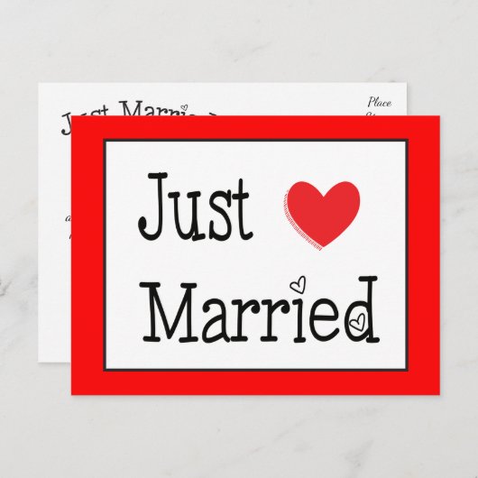 たった今結婚しました結婚赤いハート発表 案内ポストカード (正面/裏面)