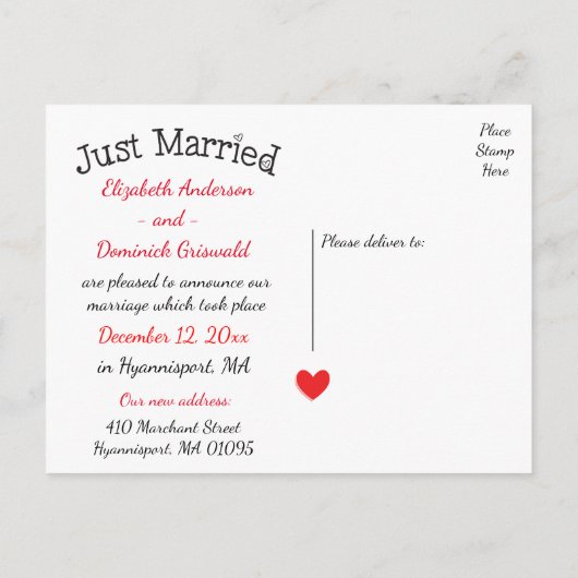 たった今結婚しました結婚赤いハート発表 案内ポストカード (裏面)