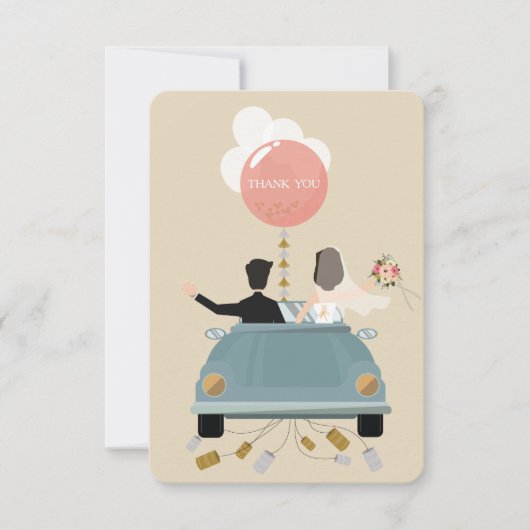 たった今結婚しました結婚車のサンキューカード。 サンキューカード (正面)