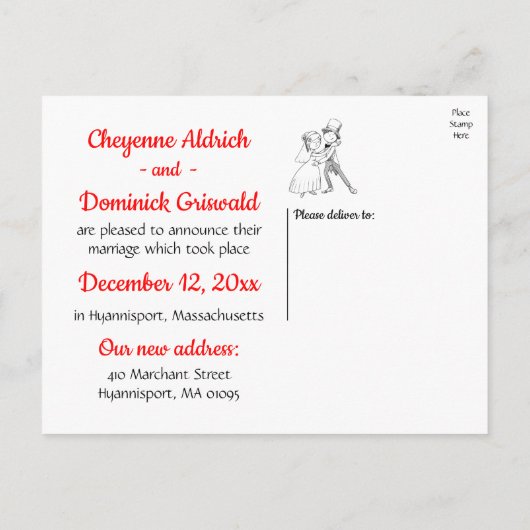 たった今結婚しました赤黒の漫画の花嫁結婚新郎さん 案内ポストカード (裏面)