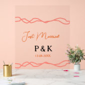 たった今結婚しました追加カップル名の日付赤vintagborder アクリルサイン (ウェディング)