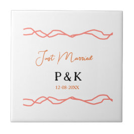 たった今結婚しました追加カップル名の日付赤vintagborder タイル