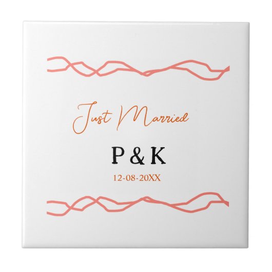 たった今結婚しました追加カップル名の日付赤vintagborder タイル (正面)