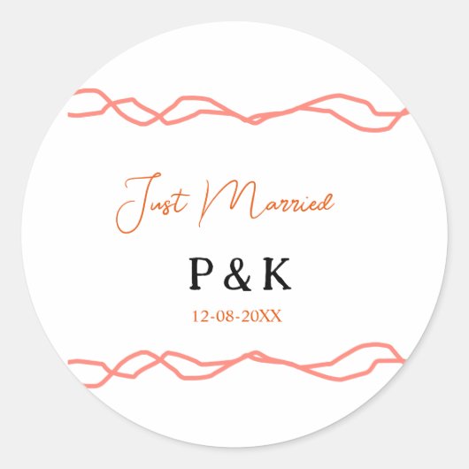 たった今結婚しました追加カップル名の日付赤vintagborder ラウンドシール (正面)