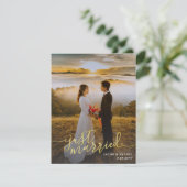 たった今結婚しました金ゴールドスクリプトオーバーレイ結婚フォト 案内状 (スタンド正面)