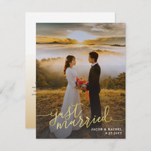 たった今結婚しました金ゴールドスクリプトオーバーレイ結婚フォト 案内状 (正面/裏面)