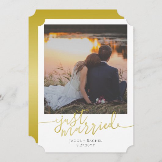 たった今結婚しました金ゴールドスクリプトオーバーレイ結婚フォト 案内状 (正面/裏面)