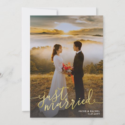 たった今結婚しました金ゴールドスクリプトオーバーレイ結婚フォト 案内状 (正面)