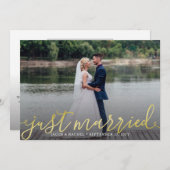 たった今結婚しました金ゴールドスクリプ結婚ト重ね合わせ 案内状 (正面/裏面)