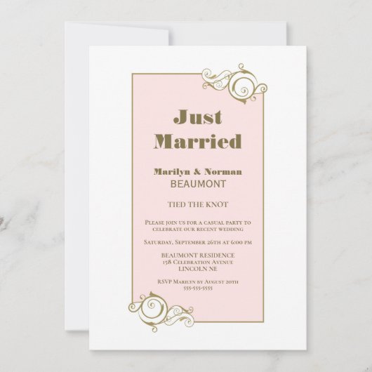 たった今結婚しました金ゴールドフレームピンクウェディングレセプション 招待状 (正面)