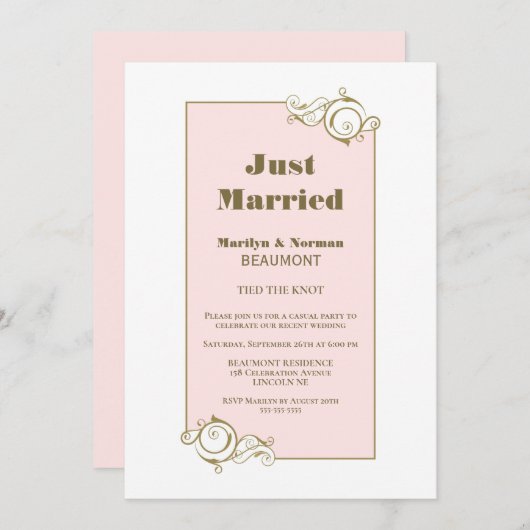 たった今結婚しました金ゴールドフレームピンクウェディングレセプション 招待状 (正面/裏面)