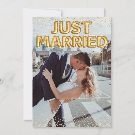たった今結婚しました金ゴールド結婚バルーンの写真 案内状 (正面)