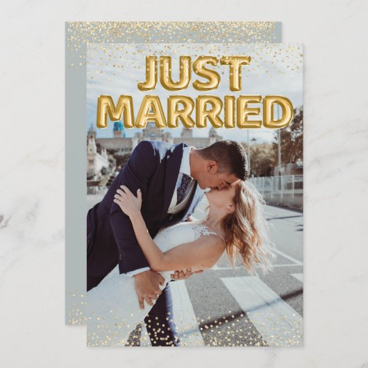 たった今結婚しました金ゴールド結婚バルーンの写真 案内状 (正面/裏面)