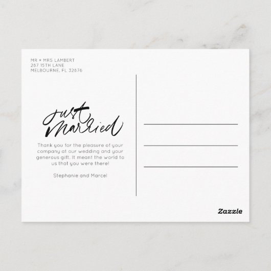 たった今結婚しました2枚の写真結婚が届いた ポストカード (裏面)