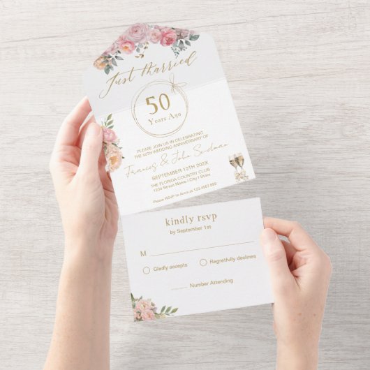 たった今結婚しました50周年結婚ピンク牡丹 オールインワン招待状 (貼ってはがせる)