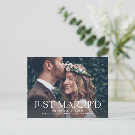 たった今結婚しました エレガント| 2枚の写結婚真 案内ポストカード (スタンド正面)