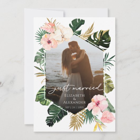 たった今結婚しました |トロピカル結婚の写真のお知らせ 招待状 (正面)
