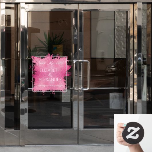 たった今結婚しました!ホットピンクフェイク箔 ウィンドウサイン (オフィスドア)