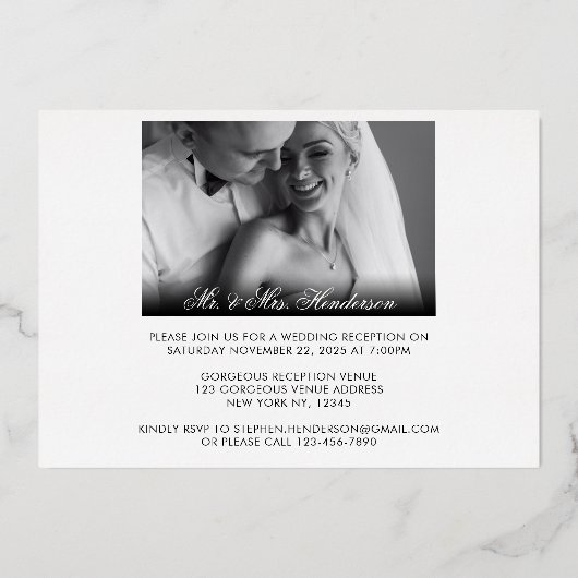 たった今結婚しました |写真エレガント結婚披露宴 箔招待状 (裏面)