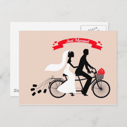 たった今結婚しました、新郎新婦結婚の自転車 案内ポストカード (正面/裏面)