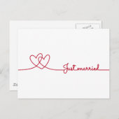 たった今結婚しました、赤いハート線描画 案内ポストカード (正面/裏面)