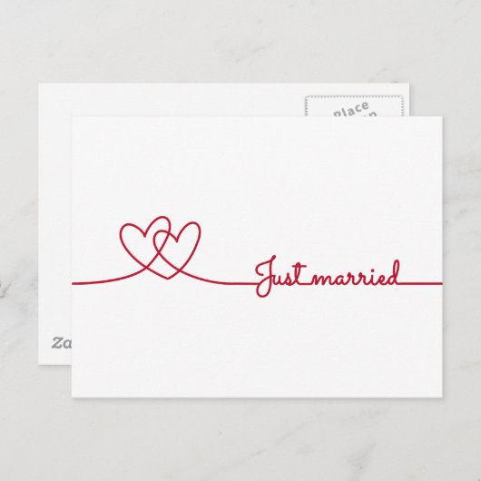 たった今結婚しました、赤いハート線描画 案内ポストカード (正面/裏面)