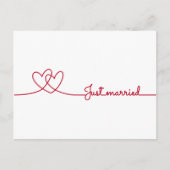 たった今結婚しました、赤いハート線描画 案内ポストカード (正面)