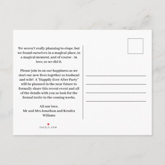 たった今結婚しました- We Elopedフォトポストカード 案内ポストカード (裏面)