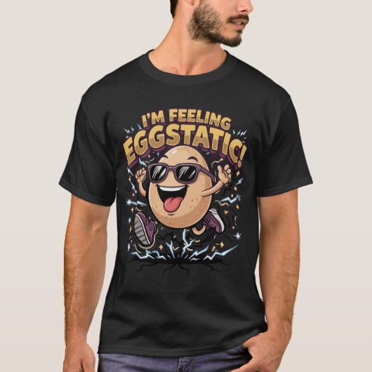 たまごでハッピー! 面白い卵のパロディー カートゥーン Tシャツ (正面)