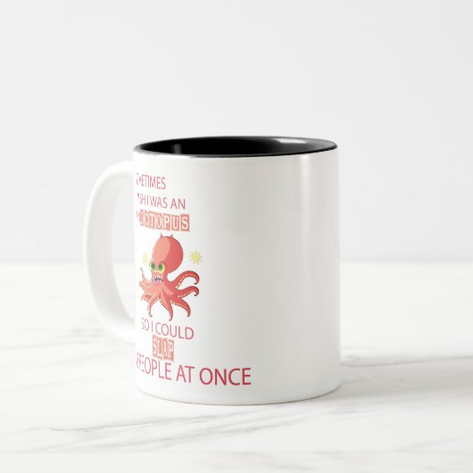 たまにタコになればいいのに、たたまにたこをたたいたい ツートーンマグカップ (正面左)