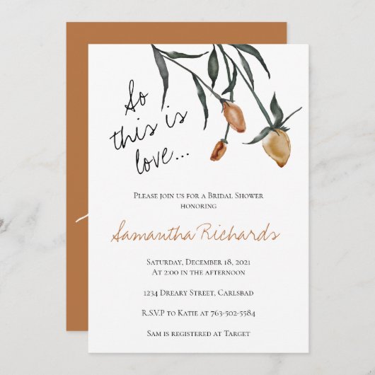 だから、これは愛のブライダルシャワー焼けオレンジバラ 招待状 (正面/裏面)