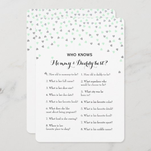 だれが知っているか真新しい銀2xのベビーシャワーのゲームのアドバイス| 招待状 (正面/裏面)