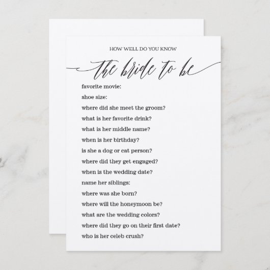 だれが花嫁の最も最高のなブライダルシャワーのゲームを知っているか エンクロージャーカード (正面/裏面)