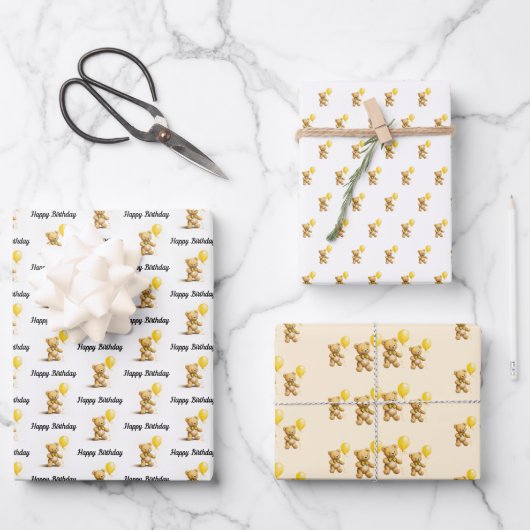 ちいさなクマ、テディベア、誕生日、ベビーシャワー、 ラッピングペーパーシート (正面)