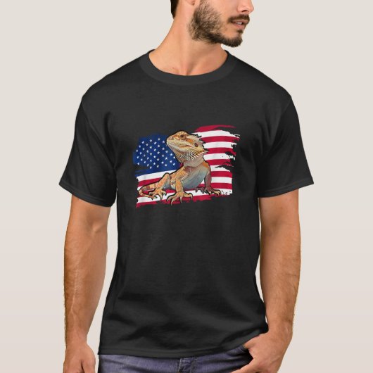 ちっぽけな恐竜USA国旗7月4日ひげ竜 Tシャツ (正面)