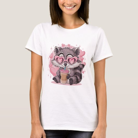 ちびかわいいアライグマ ピンクハートサングラス 美意識 Tシャツ (正面)
