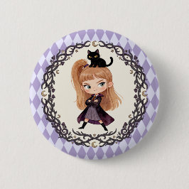 ちびキャラのかわいい魔女と黒猫の水彩画デザイン 缶バッジ
