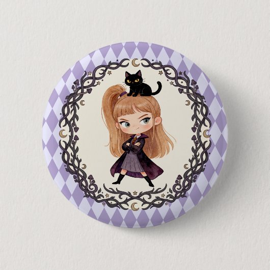 ちびキャラのかわいい魔女と黒猫の水彩画デザイン 缶バッジ (正面)